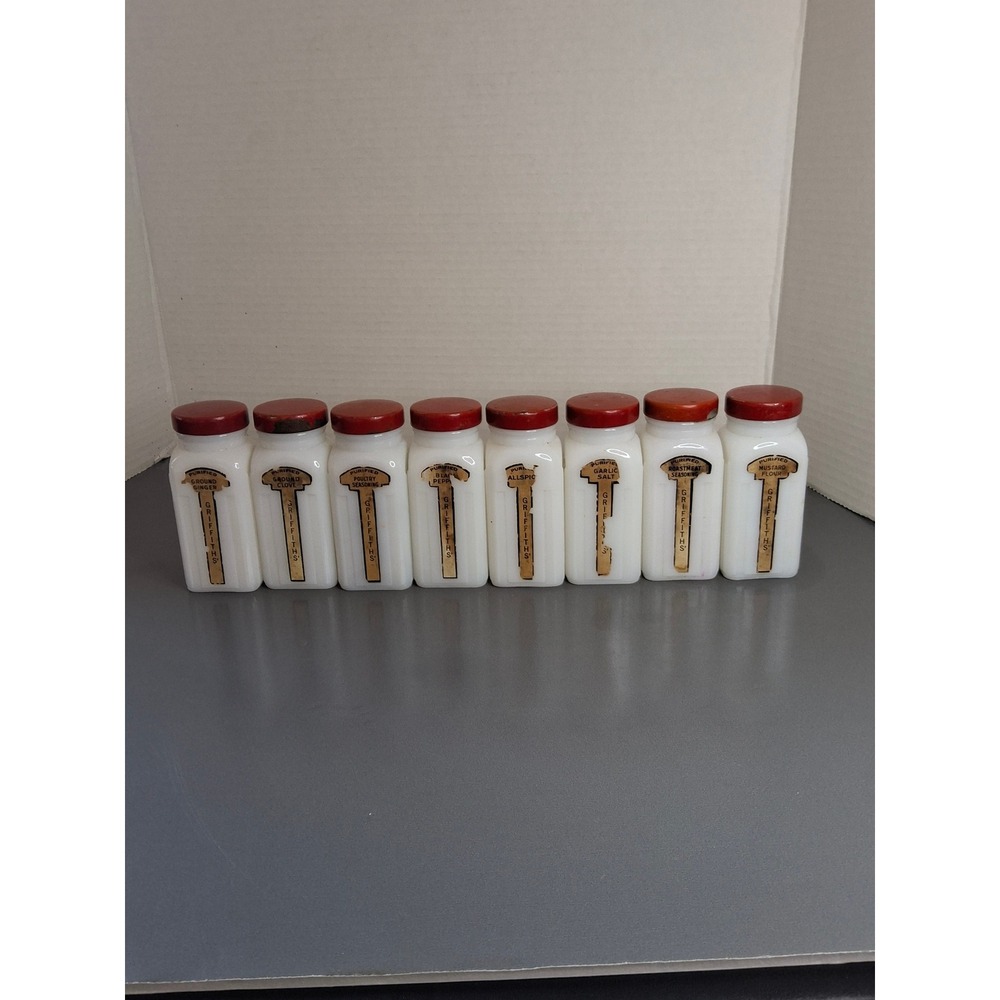 Vintage Griffiths Milk Glass Spice Jars Set of 8 Red Lids Art Deco Kitchen Decor